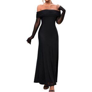 KUTUMAI Women Off Shoulder Bodycon Maxi Dress Black Long Sleeve